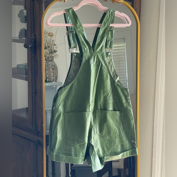 WEWOREWHAT NWT VEGAN GREEN LEATHER SHORT OVERALLS in BASIL - Picture 8 of 8